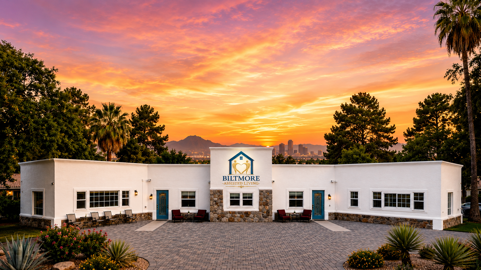 Biltmore Assisted Living building at sunset — stone facade, paver driveway and desert garden in the heart of Phoenix